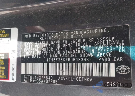 2011 Toyota Camry Le из США, поврежденный, VIN 4T1BF3EK7BU618393